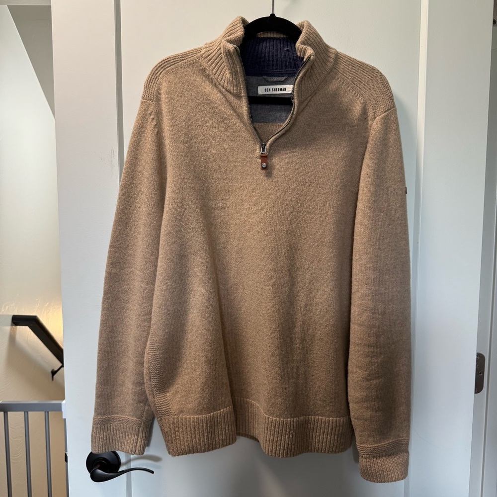 Ben Sherman Men's 1/4 Zip Wool Blend Pullover‎ Tan Sweater Oatmeal Golf Prep XL